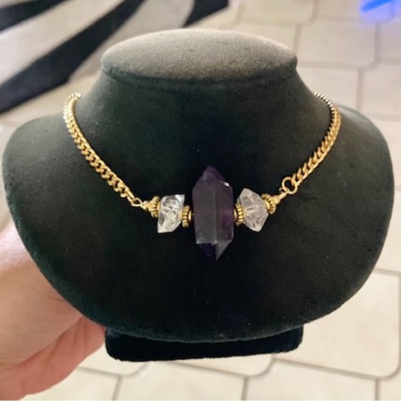 Genuine double point amethyst crystal & herkimer diamonds gold boho necklace - Picture 7 of 11